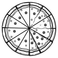 Delicious Pizza Slice Icon Isolated on White Background.Mushroom Pizza Slice Illustration Black and White Pizza Pie.Pizza. vector illustration. Sketch style.