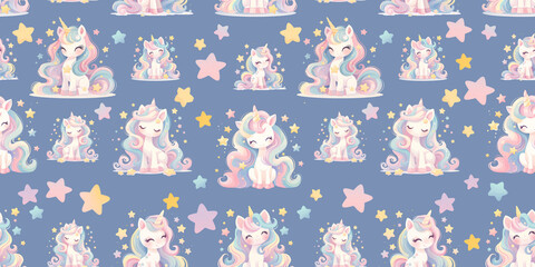 Pastel rainbow unicorn pattern for kid party decoration or nursery wallaper. Repeating motif of magic animal for birthday gift wrap.