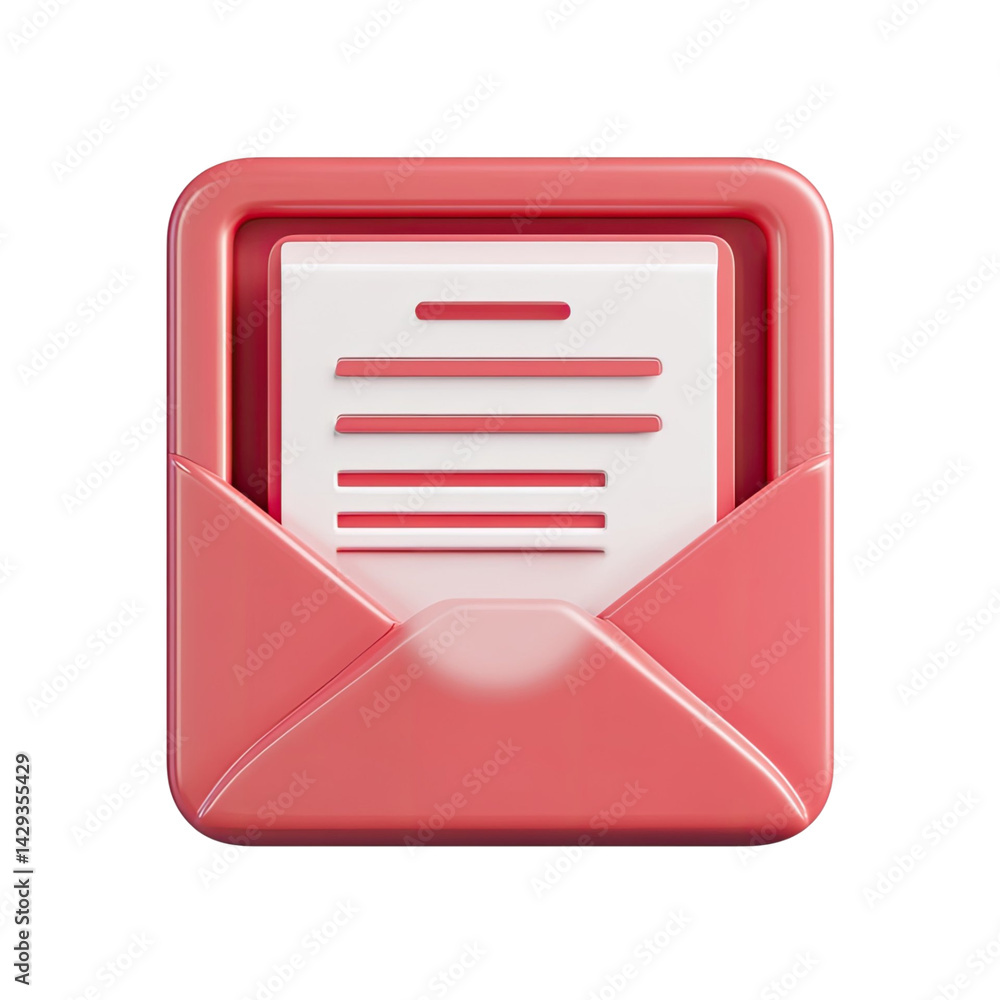 Poster three dimensional render of an open pink envelope revealing a white document with lines on a transpa