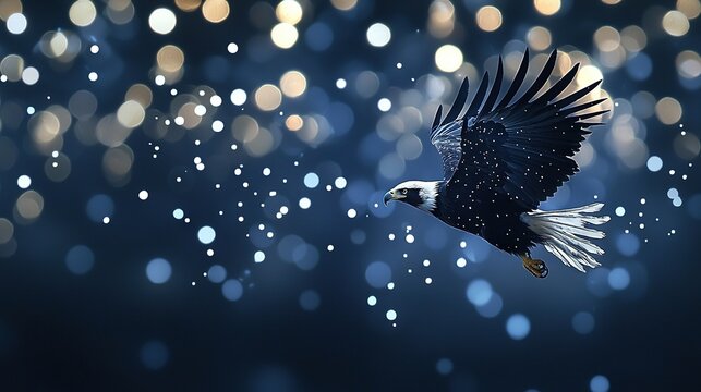   A crisp image of a bald eagle soaring above snowflakes in clear sky