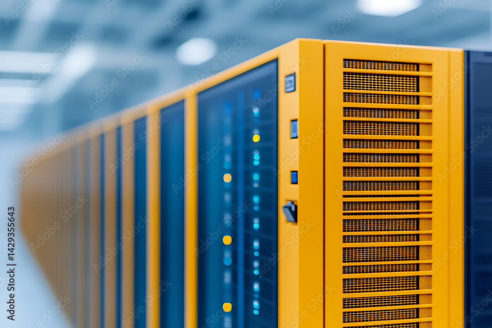 Poster a row of server racks in a data center, with yellow side panels and blue fronts. the front panels ha