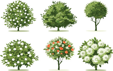 Vector top view set of green trees, tropical plants, and blooming spring flowers for outdoor map and garden architecture design
