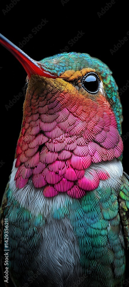 Poster a clear photo of a colorful bird on a black background with a sharp image of a hummingbird's head