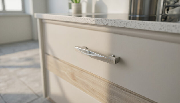 Modern interior design architecture photography: A close-up shot showcases a modern kitchen cabinet featuring a light beige front with a wood-grain accent and a brushed silver handle, highlighting i