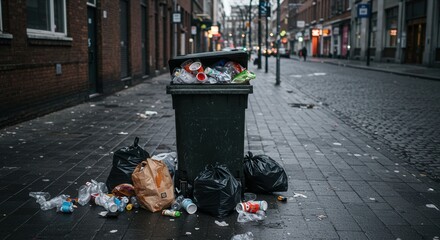 overflowing garbage bin on urban street highlights environmental pollution, littering problems in modern cities. plastic waste, paper bags, and trash scattered on sidewalk