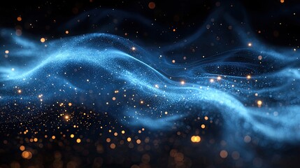 Abstract Blue Particle Wave with Glowing Glitter on Dark Background