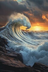 Sunlit waves crashing against rocky shore