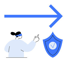 Woman in minimalistic style interacting with shield icon, large blue arrow representing progress and assurance. Ideal for technology, security, progress, innovation, trust, cyber safety, simple