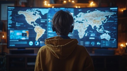 A businessperson making a video call with partners from different countries, with a digital map showing the locations of international connections