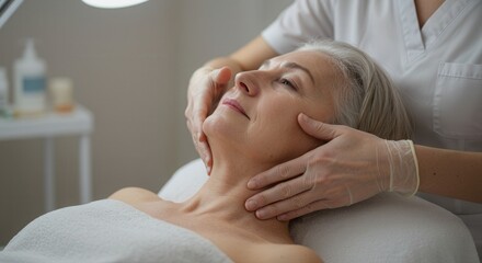 senior woman receiving therapeutic facial massage in spa setting. gloved hands of therapist provide anti-aging treatment in calming environment, promoting wellness and relaxation