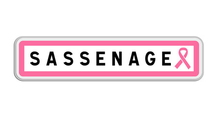 Panneau de sortie de Sassenage, Isère, Auvergne-Rhône-Alpes avec Ruban Octobre Rose