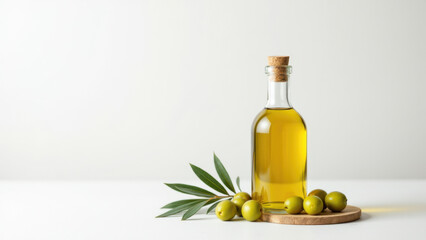 Keto diet concept with a bottle of olive oil on a white surface alongside olives and bay leaves.
