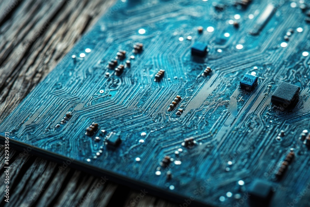 Poster close-up of a circuit board showcasing intricate electronic pathways and components.