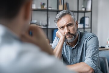pensive man in office meeting, deep thought evident in serious expression, hand on chin. professional setting with shelves in background, suggesting workplace discussion.