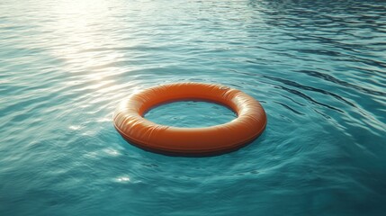 Orange float ring in blue water with sunlit ripples