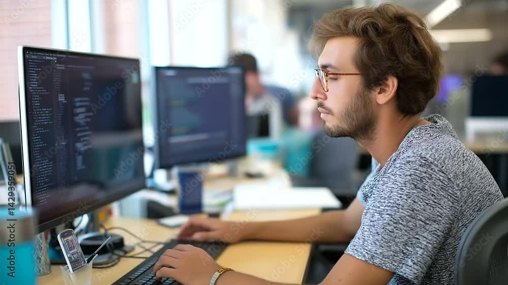Poster a web developer analyzes and contrasts mobile and desktop website designs in an office setting.