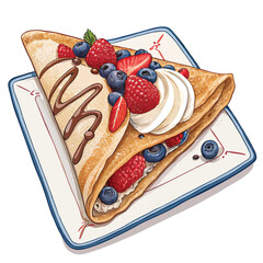 A delectable crepe filled with fresh fruits and creamy filling, artfully presented in a charming French café setting.
