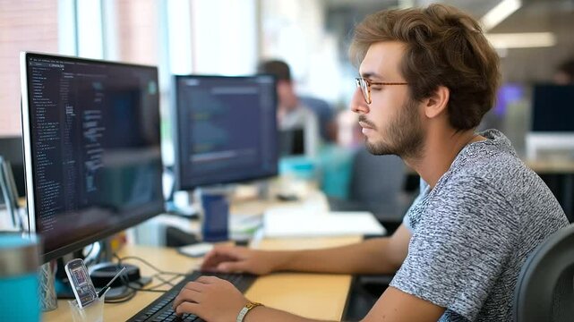 A web developer analyzes and contrasts mobile and desktop website designs in an office setting.