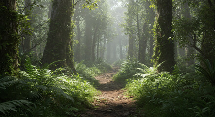 Obraz premium Sunlit jungle trail winding through a misty rainforest with mossy trees and lush ferns in hyper-realistic detail.