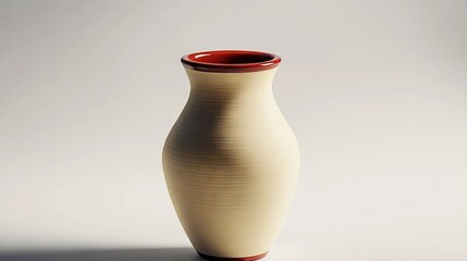   A brown vase and a red vase are both placed on white tables