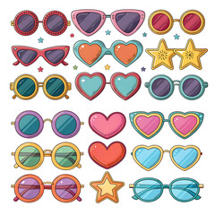 Trendy Colorful Sunglasses Collection  in Retro Pop Art Style on White Background