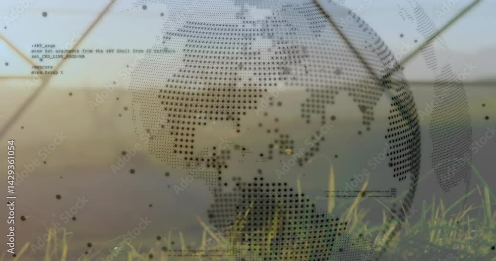 Poster dotted globe overlay floating over grassy wind farm, combining code snippets with clean energy