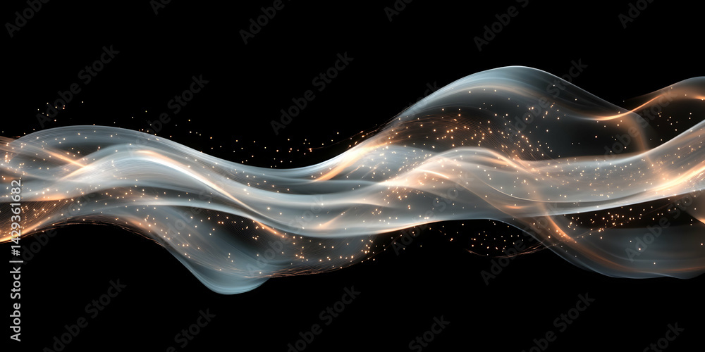 Poster flowing luminescence streams with glimmering sparkles against a dark backdrop