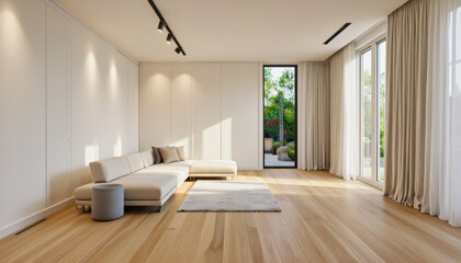 Modern interior design architecture photography: This interior design photograph showcases a modern living room with a minimalist aesthetic, featuring a large sectional sofa, wooden floors, floor-to