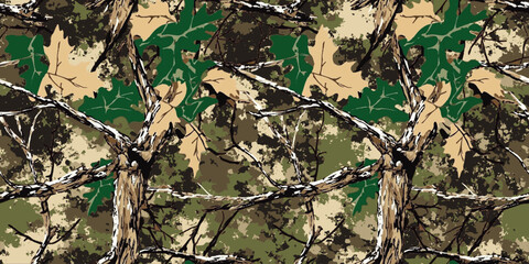 Real tree pattern. Hunting camouflage. Leaf pattern. Digital camouflage background. Forest texture. Jungle. Vector camouflage seamless pattern. Abstract grunge background