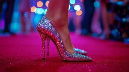 A close-up of a celebrity's sparkling heels as she walks the red carpet, with a blurred background of flashing cameras