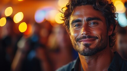 A close-up of a famous celebrity posing with a confident smile, surrounded by camera flashes and photographers