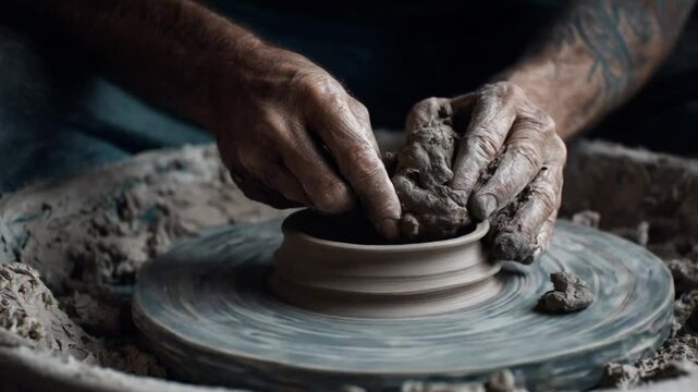 Man making crafts with clay on machine, potter, clay, ceramics, hand.