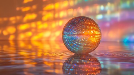 Fototapeta premium A close-up of a glass ball on a reflective surface, with intricate light refraction patterns forming in the background