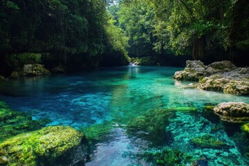 Naklejka premium Clear turquoise waters surrounded by lush greenery in a serene natural oasis