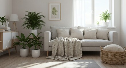 Fototapeta premium Bright and airy living room with sofa, indoor plants, and natural light creating a calm atmosphere.