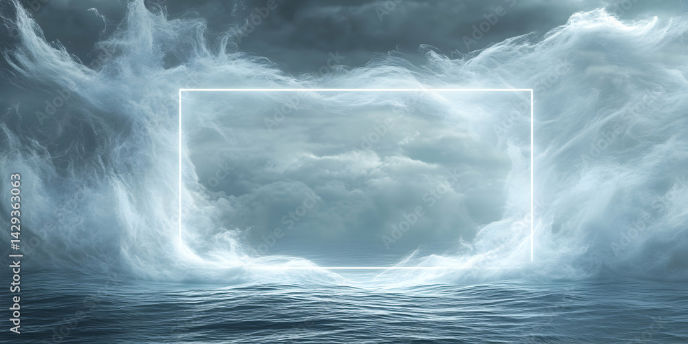 Poster surreal seascape with dynamic cloud formations and a luminous frame element