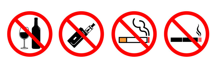 No smoking, no vaping, no alcohol notice sign set on white background. vector warning sign illustration set. 