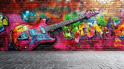 Graffiti electric guitar on brick wall