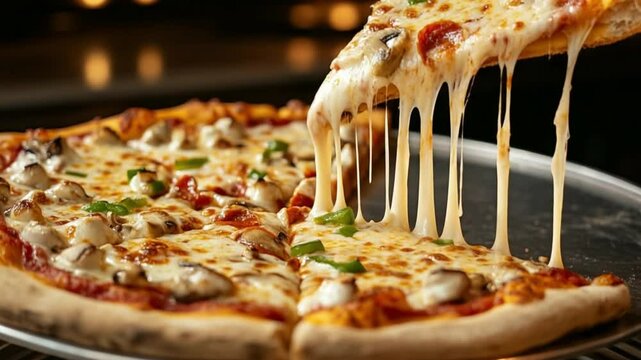 Delicious cheese pizza with gooey cheese being served.

