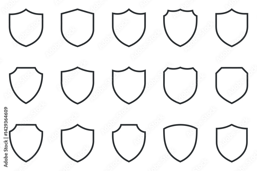 Poster vector set of fifteen shield icons for security protection and badge design with different shapes an
