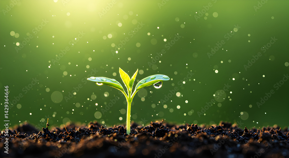 Poster tiny green seedling sprouting in soil with water droplets and soft bokeh green background