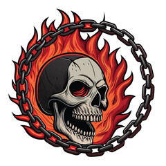 A cursed skull, bound by heavy iron chains, engulfed in fiery, hellish flames within a ruined, gothic structure. Render in high detail.