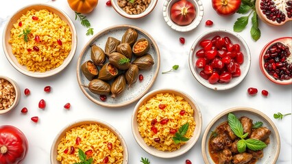 Elegant Overhead Flat Lay of Middle Eastern Cuisine: Dolma, Rice Pilaf, Pomegranate Seeds and Hearty Stew on White Marble, ideal for food blogs and recipe websites, showcasing rich flavors and