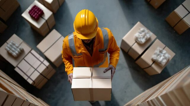 Cheerful Worker with Ready-to-Go Packages for Community Benefit