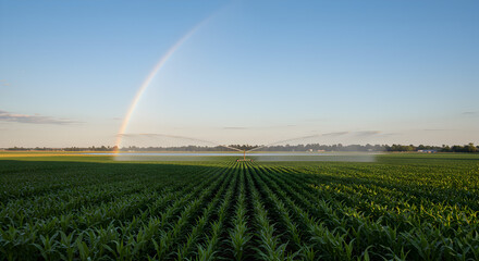 Vibrant Rainbow Arches Over Green Field During Irrigation in Rural Landscape on Clear Day