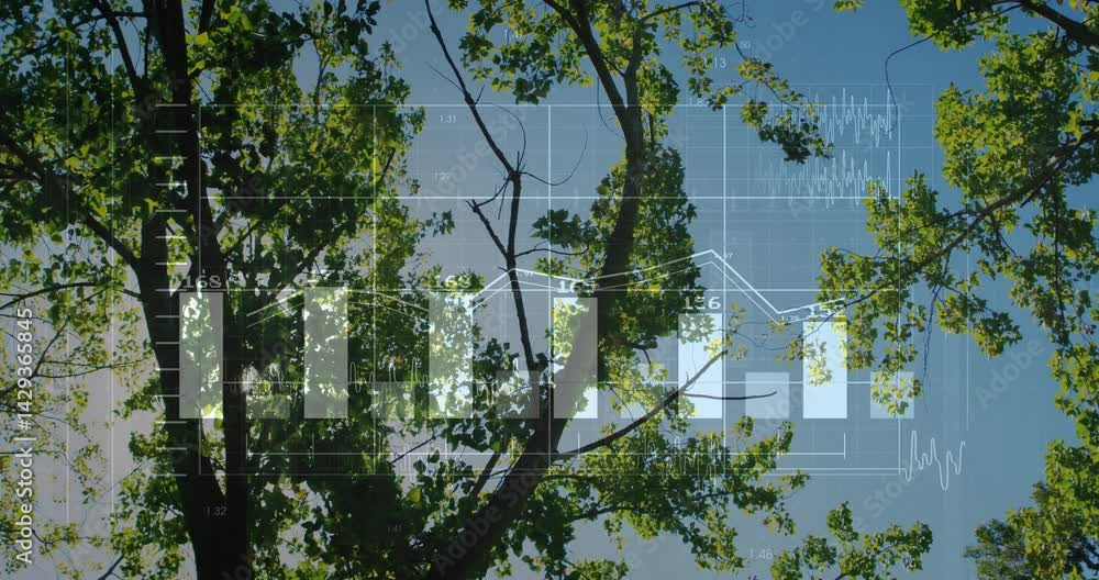 Poster graphic designer illustrating tree canopy data visualization showing bar charts and waveforms