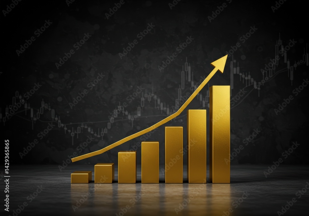 Poster gold bar graph with rising arrow showing increased performance. business growth chart representing f