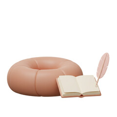 3d Illustration Open Book with Quill Pen and Round Pillow