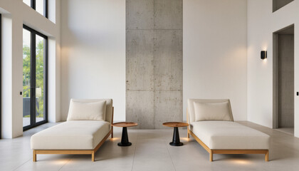 Modern interior design architecture photography: This interior design photograph showcases a minimalist living space featuring two lounge chairs, a concrete accent wall, and large windows overlookin
