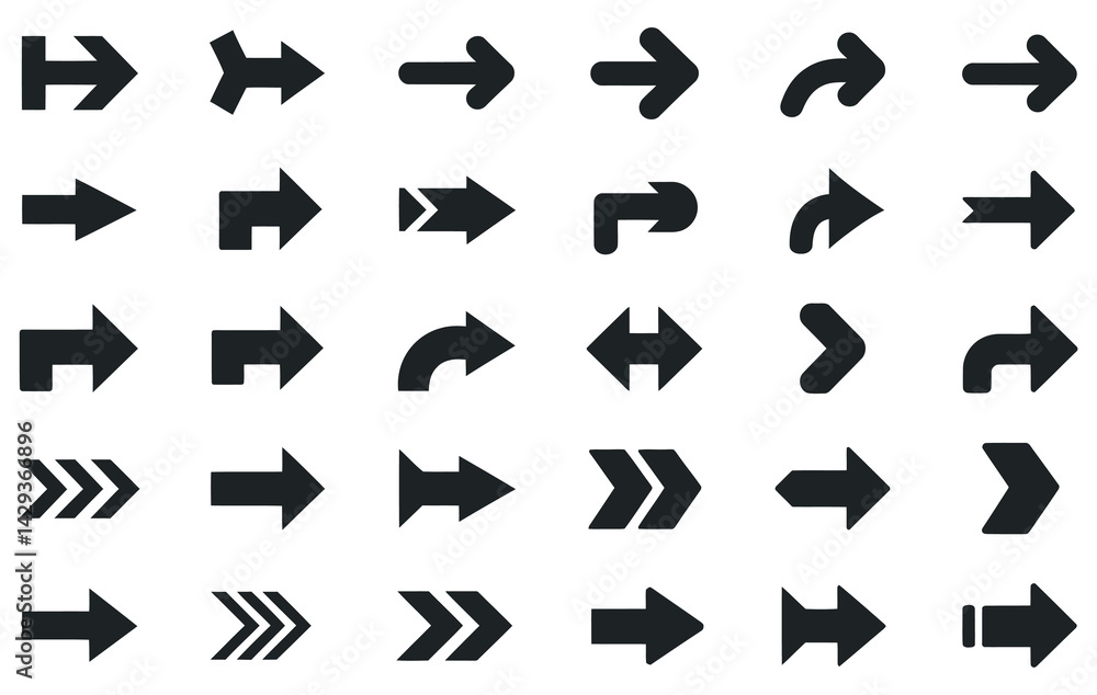 Poster collection of directional arrow vector icons of various styles and shapes for user interface and gra